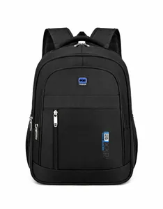 Front view of black large capacity backpack with sport fashion label and side mesh pockets