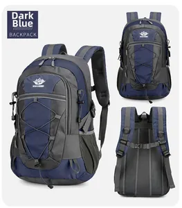 Detail view of the breathable mesh back padding and ergonomic straps on the dark blue backpack