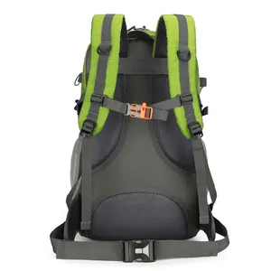 Hiking backpack with breathable mesh suspension system and durable nylon fabric in grey