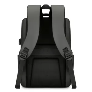 Expandable black business backpack for men with USB port and ergonomic S-strap design