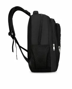 Side view of black business backpack showing multi-layer zippers and mesh water bottle pocket