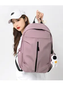 Detail of light purple casual backpack with front vertical zipper and astronaut pendant