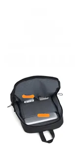 Detailed interior of black business backpack showing laptop compartment and storage pockets