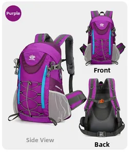 Détails en trois vues du sac à dos de randonnée violet 40L avec dos ergonomique en maille