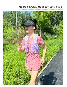 Close-up of purple mesh marathon running vest with multiple pockets for outdoor sports