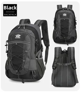 Detailed views of gray and black hiking backpack with breathable padded back system