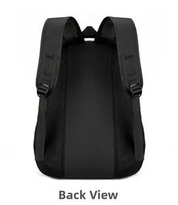 Back view of black travel backpack featuring breathable mesh padding and padded straps