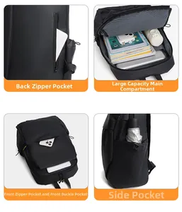 Detail view of business backpack with multi-compartment storage and striped lining