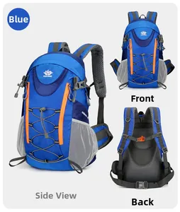 Vues détaillées du sac à dos extérieur bleu avec bretelles ergonomiques et poches filet