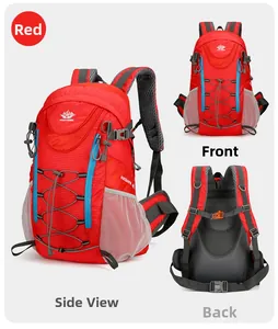 Vue détaillée du sac à dos extérieur rouge 40L avec dos en maille respirante et poches
