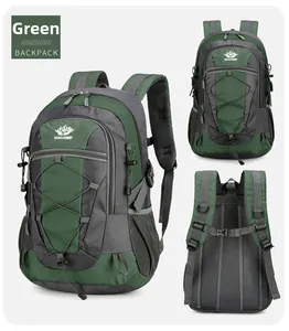 Three-view detail of hiking backpack showing bungee cord, side mesh and padded straps