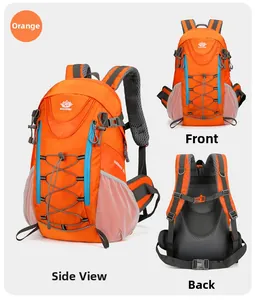 Ensemble trois vues d'un sac à dos de randonnée orange 40L montrant l'avant, l'arrière et le côté