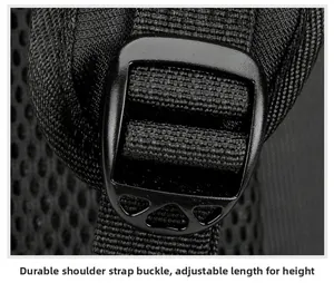 Close-up of sturdy buckle on shoulder strap for adjustable length and height