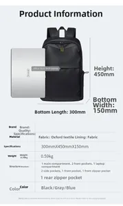 Size chart for oxford backpack showing 45x30x15cm dimensions for a 15.6 inch laptop