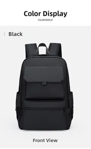 Front view of black waterproof travel backpack with large flap pocket and side pockets