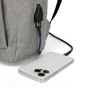 Sac à dos gris imperméable pour ordinateur avec port de chargement USB externe actif