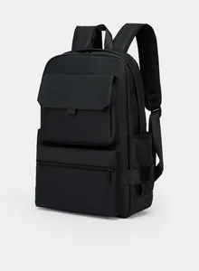 Side view of multi-pocket black waterproof travel backpack with breathable mesh straps