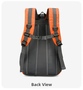 Back view of orange hiking backpack showing breathable mesh straps and chest buckle