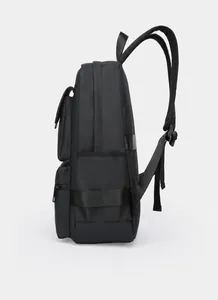 Side view of black business backpack showing large compartments and side pocket structure