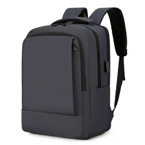 Waterproof navy blue business laptop backpack with USB charging port shown at 45-degree angle