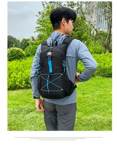Outdoor cycling backpack featuring blue bungee cords and ergonomic straps on the hiker