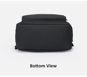 Detailed bottom view of the black travel backpack featuring waterproof matte fabric