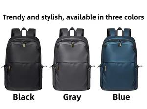 Business laptop backpack shown in black, grey and blue with waterproof fabric detail