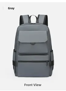 Front view of grey travel business backpack with waterproof matte fabric and multi-pockets