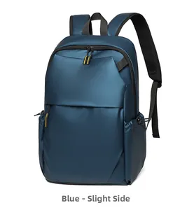 Blue business laptop backpack with waterproof nylon, side pocket, and breathable straps