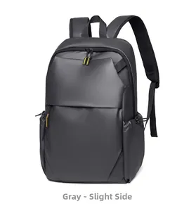 Slight side view of grey business backpack with waterproof fabric and yellow zipper accents