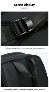 Detail of adjustable strap buckle and durable top handle on black travel backpack