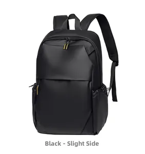 Detailed side view of black waterproof business laptop backpack with drawstring side pockets