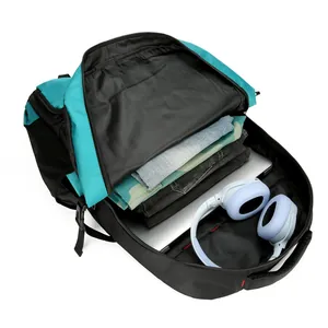 Teal-schwarzer Wanderrucksack aus Nylon mit großem Hauptfach und gepolstertem Laptopfach