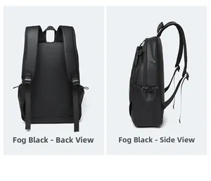 Detailed back and side views of matte black waterproof business backpack with wide straps