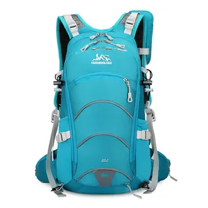 Close-up of 20L cyan blue running backpack with breathable mesh and reflective accents