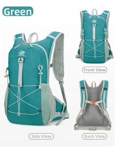 Detail view of mint green outdoor backpack with bungee cords and breathable mesh straps