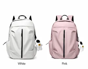 Detail view of white and pink casual backpacks with astronaut plush keychain accessories