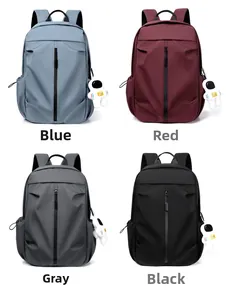 Collage of casual nylon backpacks in blue red grey and black with astronaut charms