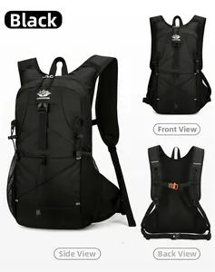 Three-way view of outdoor sports backpack with breathable mesh back and bungee system