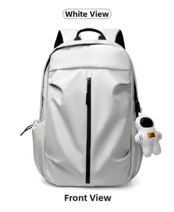 Front view of white minimalist waterproof backpack with black zipper and astronaut pendant
