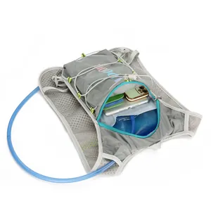Grey nylon running hydration vest with water bladder and multiple storage pockets