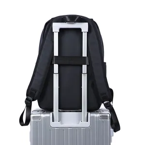 Fashionable travel laptop backpack in black with integrated luggage strap for business trips