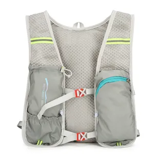 Grey multi-functional nylon running vest backpack with reflective safety strips and pockets