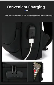 Détail du cadenas à combinaison et du port de charge USB sur le sac de poitrine homme