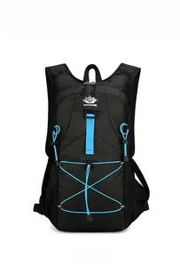 Detailed front view of black outdoor hiking backpack with blue bungee cords and logo