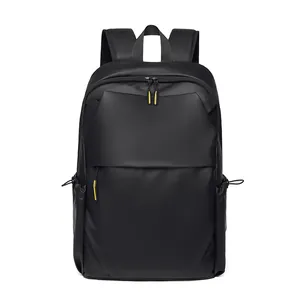 Minimalist black business backpack with yellow zipper accents and comfortable wide straps
