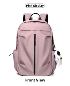 Detailed front view of pink water-resistant casual backpack with astronaut pendant charm