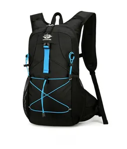 Detail view of lightweight hiking backpack with breathable mesh straps and blue drawstrings