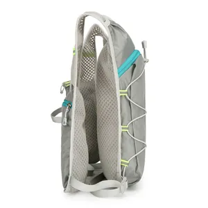 Lightweight grey nylon running hydration vest with blue zippers and breathable mesh back