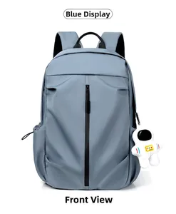 Front view of a minimalist blue backpack featuring a waterproof fabric and astronaut charm